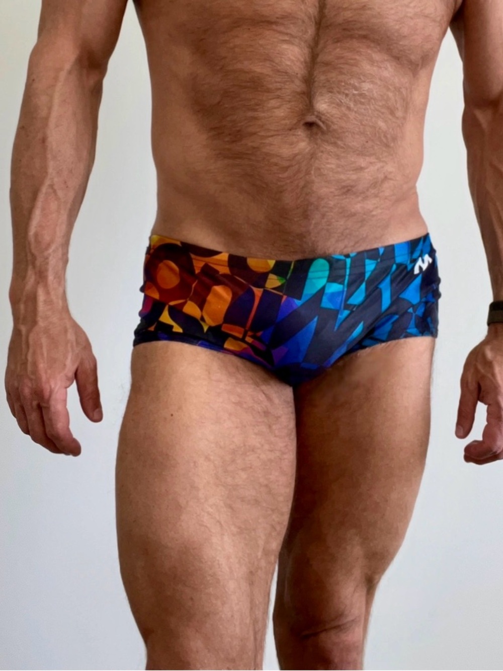 Men's Multicolor Geometric Swim Trunks - Performance Brief, drawstring